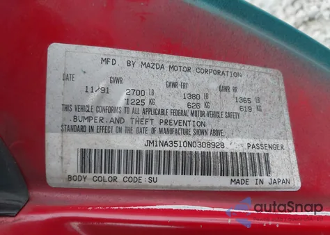 1992 Mazda Mx-5 Miata from USA, damaged, VIN JM1NA3510N0308928